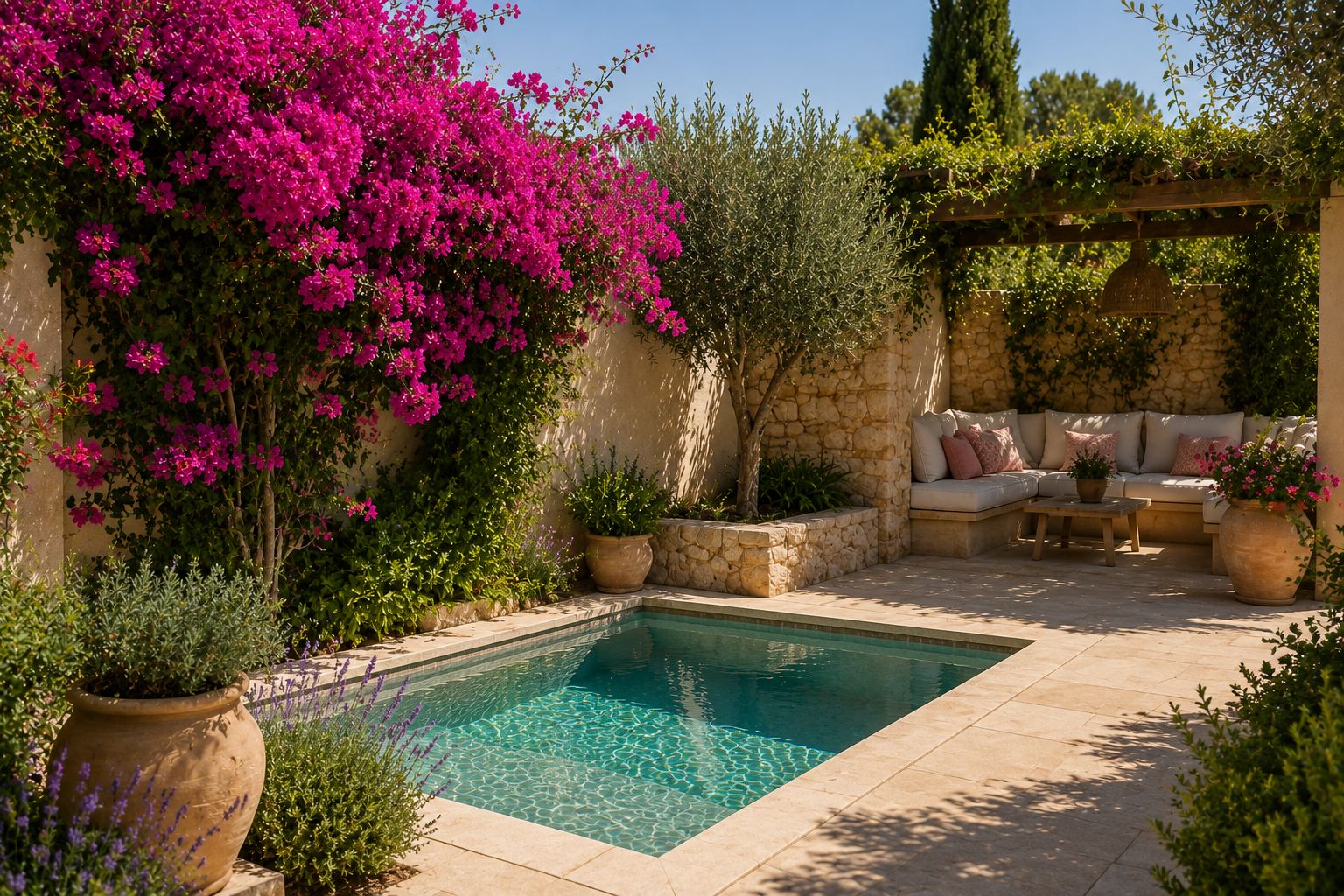Piscina con buganvilla